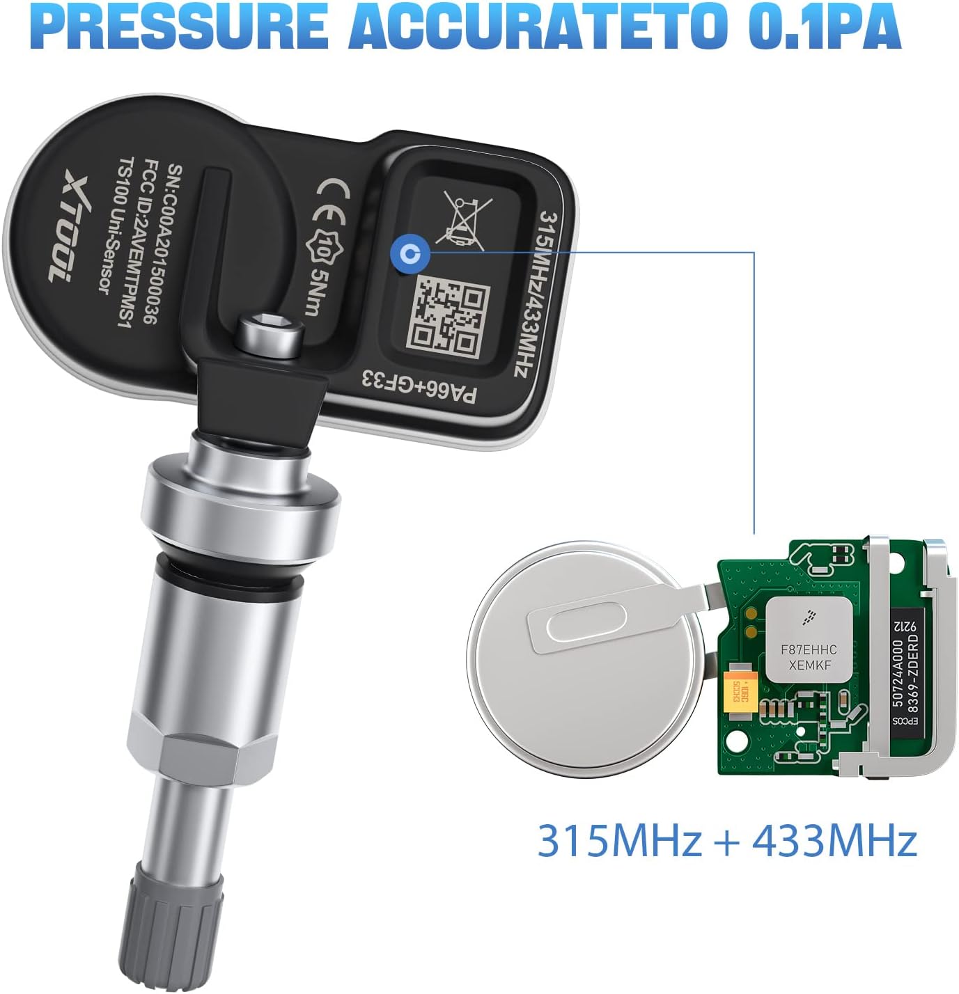 XTOOL TS100 (315MHz + 433MHz) Clamp-in OE-Level Programmable Sensor for Tire Pressure Monitoring System (TPMS) 100% Cloneable + Fits 98% Mainstream Vehicles, Metal Valves, 1 Piece