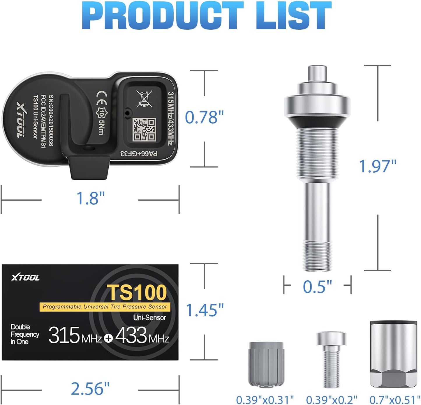 XTOOL TS100 (315MHz + 433MHz) Clamp-in OE-Level Programmable Sensor for Tire Pressure Monitoring System (TPMS) 100% Cloneable + Fits 98% Mainstream Vehicles, Metal Valves, 1 Piece