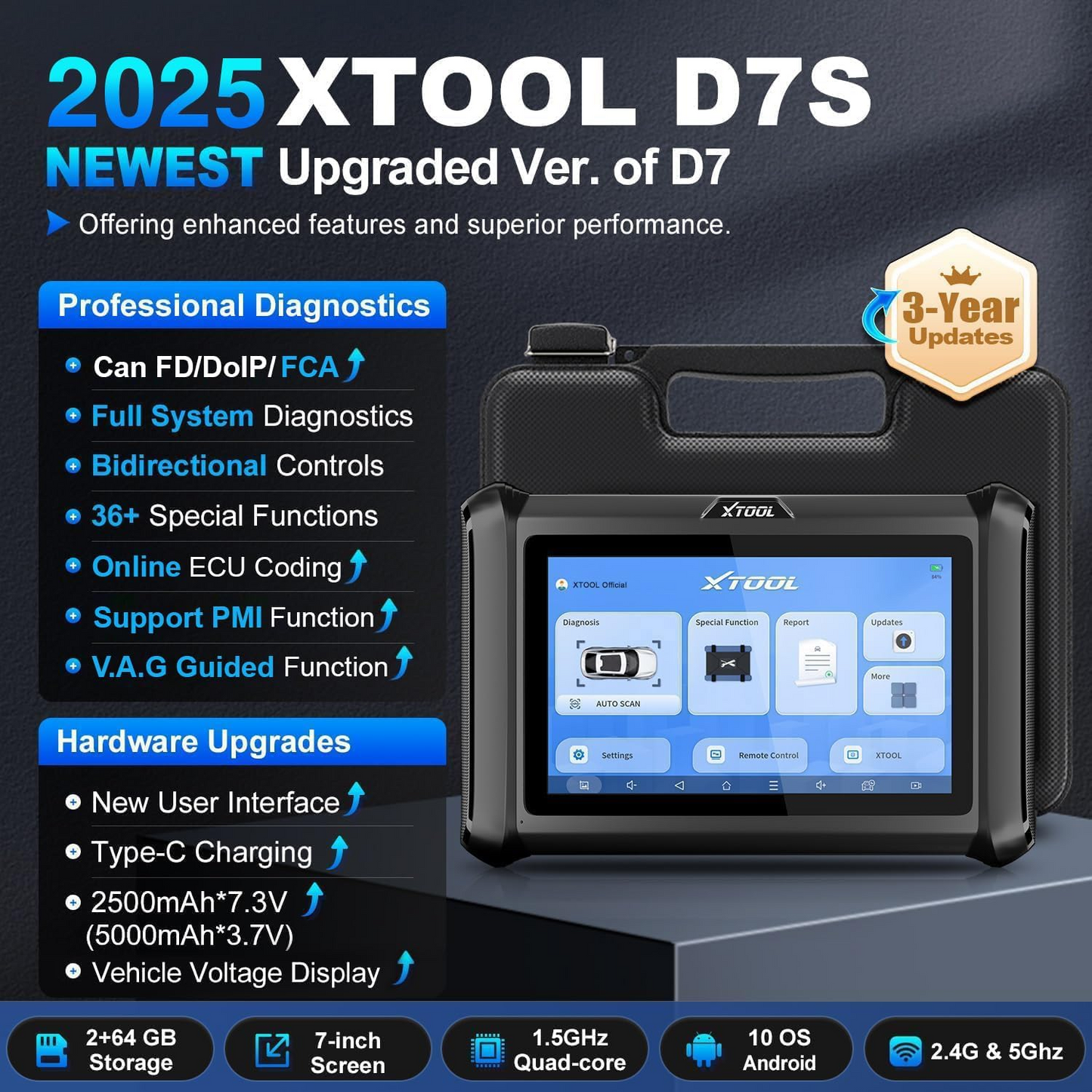 XTOOL D7S OBD2 Scanner Diagnostic Tool 2025 Bidirectional Scan Tool Ver. of D7 with ECU Coding Active Test, FCA, All-System 36+ Resets, Crankshaft Relearn, PMI, V.A.G Guide, DoIP/CAN FD, 3-Yr Update