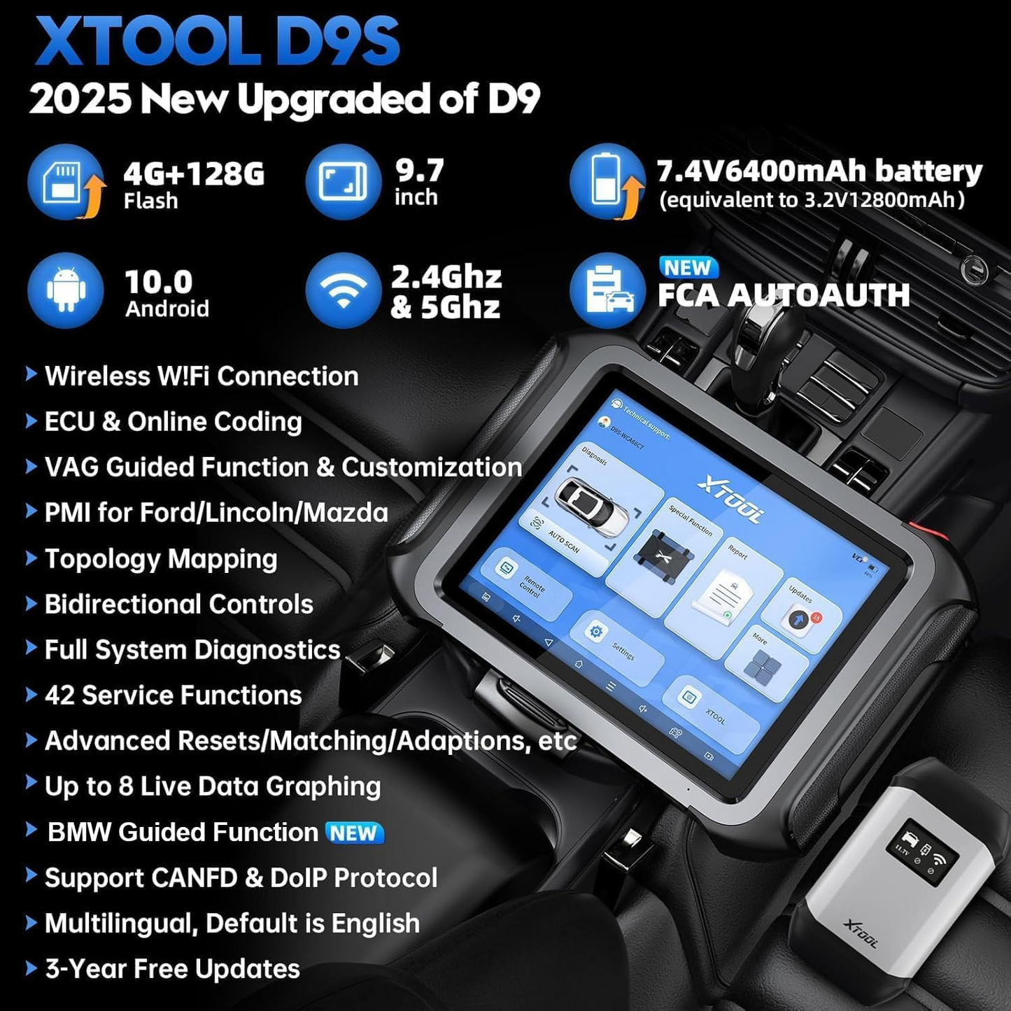 XTOOL D9S Automotive Diagnostic Tool, Wireless OBD2 Scanner with ECU Coding, Topology, Bidirectional Scan Tool 2.0 with FCA, 42+ Resets, Full System, B.M.W & V.A.G Guide, PMI, CAN FD/DoIP, 3-Yr Update
