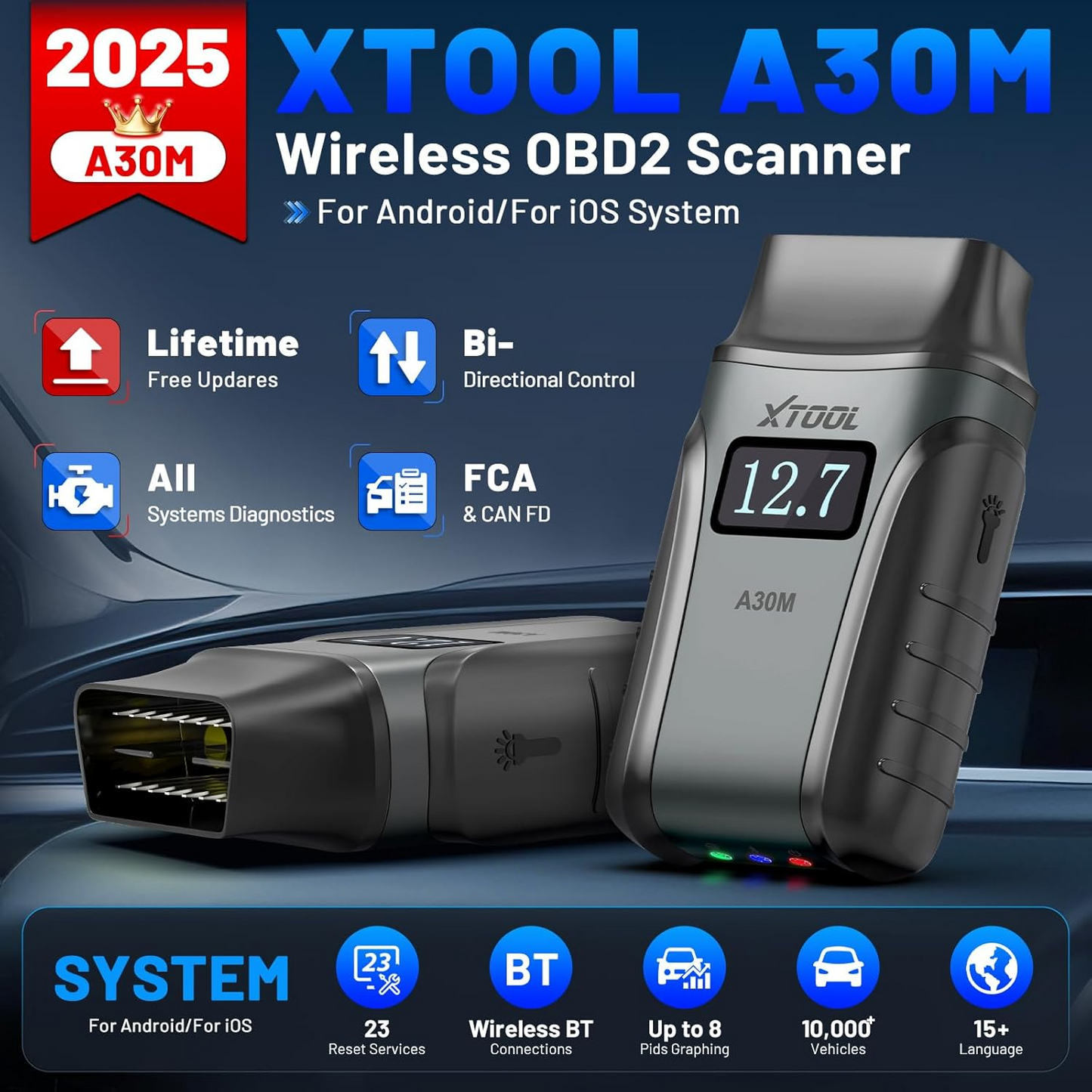 Wireless OBD2 Scanner for Android & iPhone, XTOOL Anyscan A30M V2.0 2025 Bidirectional Scan Tool with Free Updates, All System, 23 Resets, CANFD, FCA, Crank Sensor Relearn, Upgraded Ver. of A30