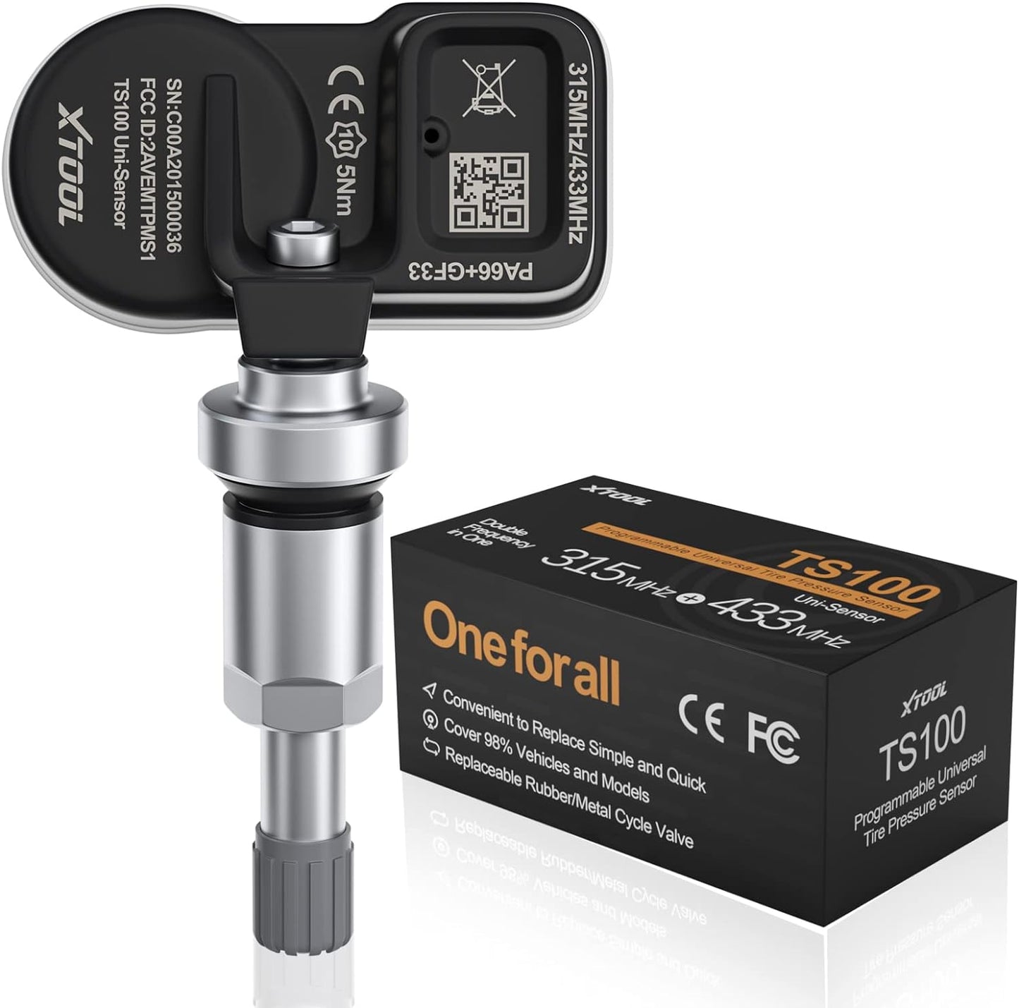 XTOOL TS100 (315MHz + 433MHz) Clamp-in OE-Level Programmable Sensor for Tire Pressure Monitoring System (TPMS) 100% Cloneable + Fits 98% Mainstream Vehicles, Metal Valves, 1 Piece