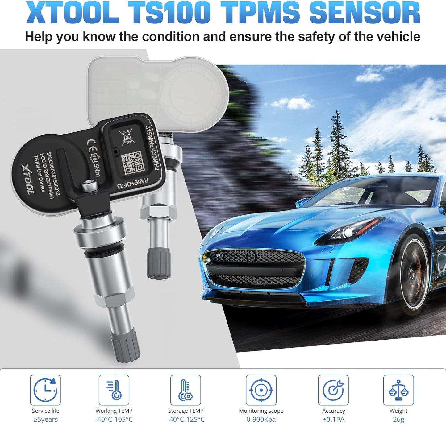 XTOOL TS100 (315MHz + 433MHz) Clamp-in OE-Level Programmable Sensor for Tire Pressure Monitoring System (TPMS) 100% Cloneable + Fits 98% Mainstream Vehicles, Metal Valves, 1 Piece