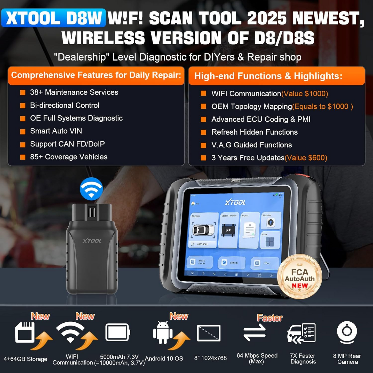 XTOOL D8W Wireless Bidirectional Scan Tool, 2025 OBD2 Scanner with Topology, FCA AutoAuth, 3-Year Updates, ECU Coding, PMI, 38+ Resets, Full Diagnostic Scanner for Car, Crankshaft Relearn, CAN FD/DoIP