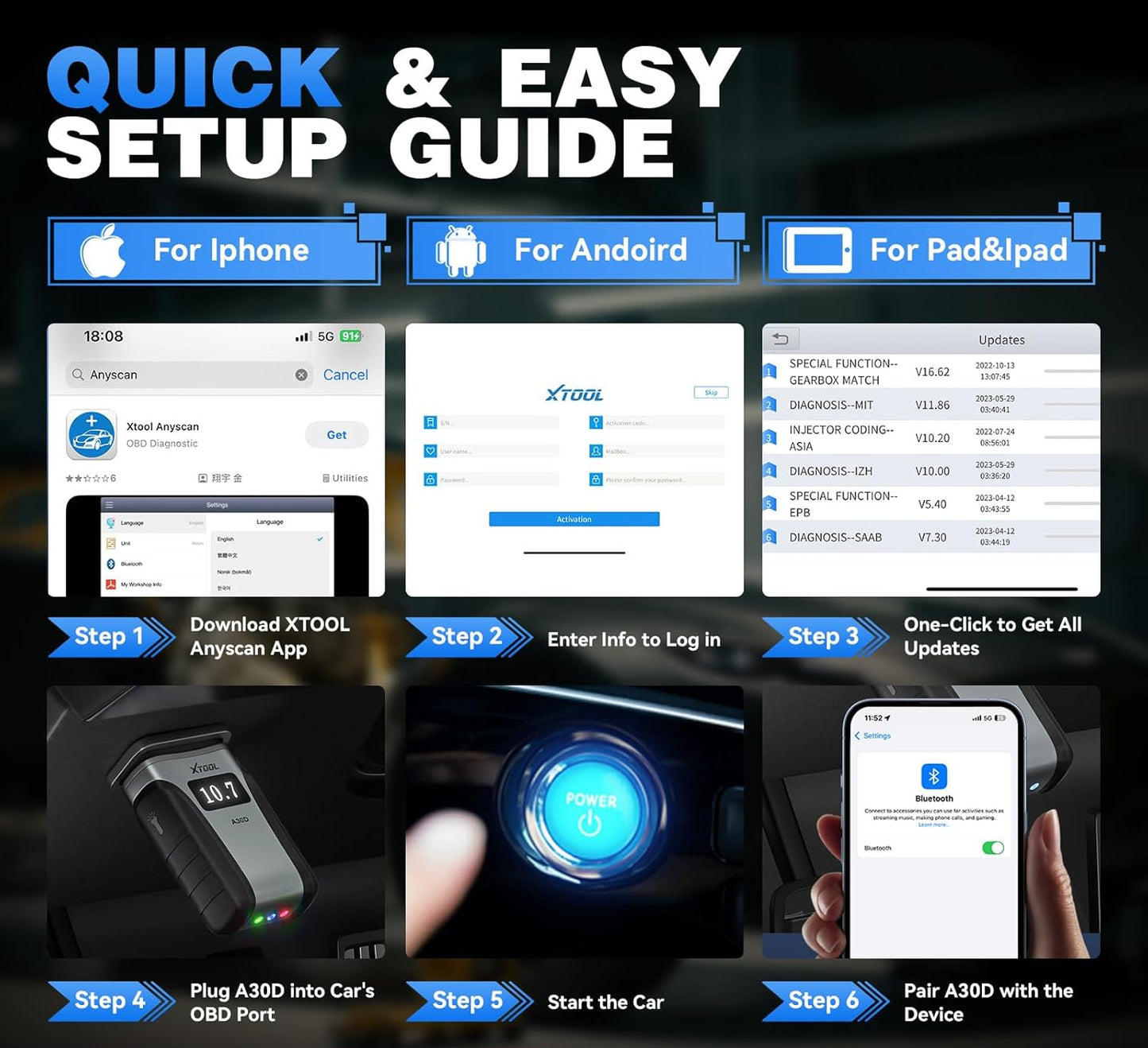 XTOOL Anyscan A30D OBD2 Scanner Wireless, Bidirectional Scan Tool with Lifetime Updates & 16 Resets, FCA, CANFD, Crank Sensor Relearn, Full System Diagnostics, Car Code Reader for iPhone/Android
