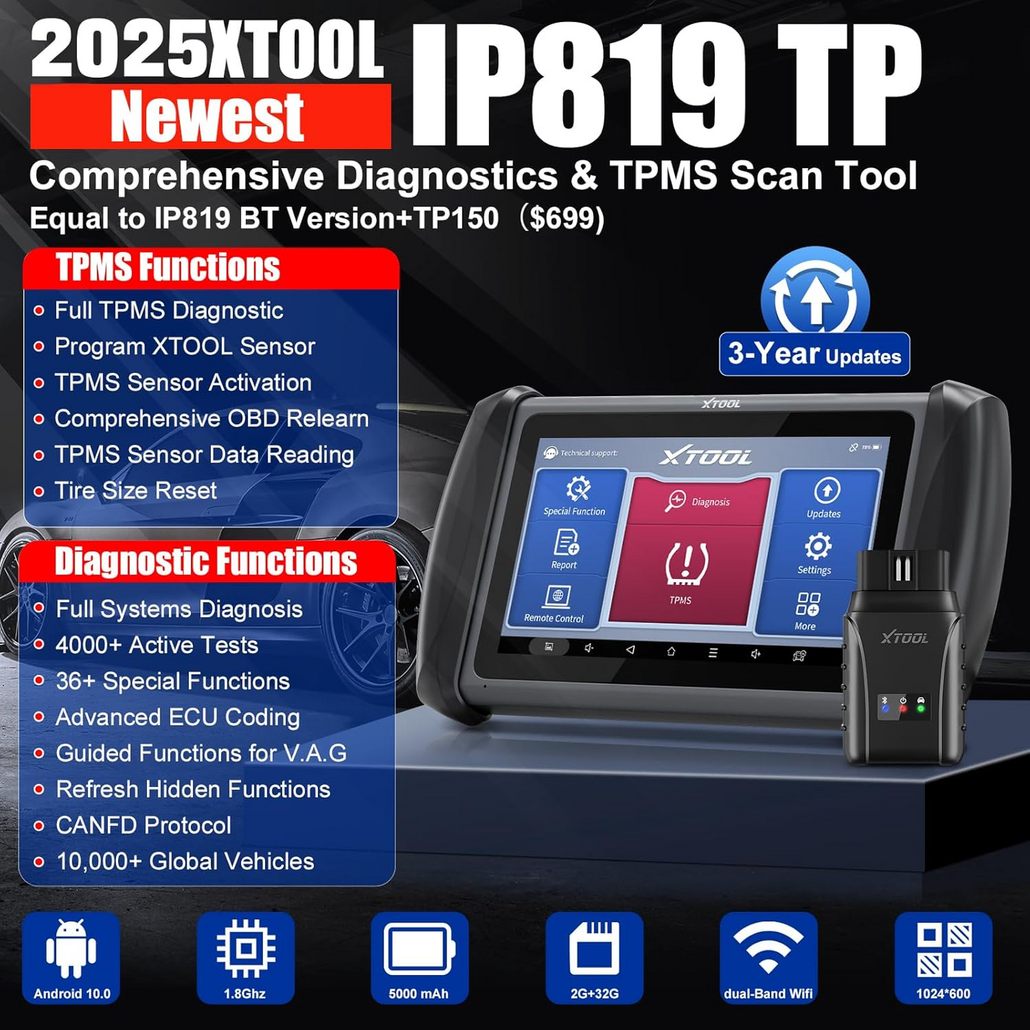 XTOOL IP819TP OBD2 Scanner with TPMS Relearn: 2025 Bidirectional Scan Tool with Full TPMS Diagnostics, Activate/Relearn All Sensors, 36+ Resets, Tire Size Reset, TPMS Programming for TS100 Only