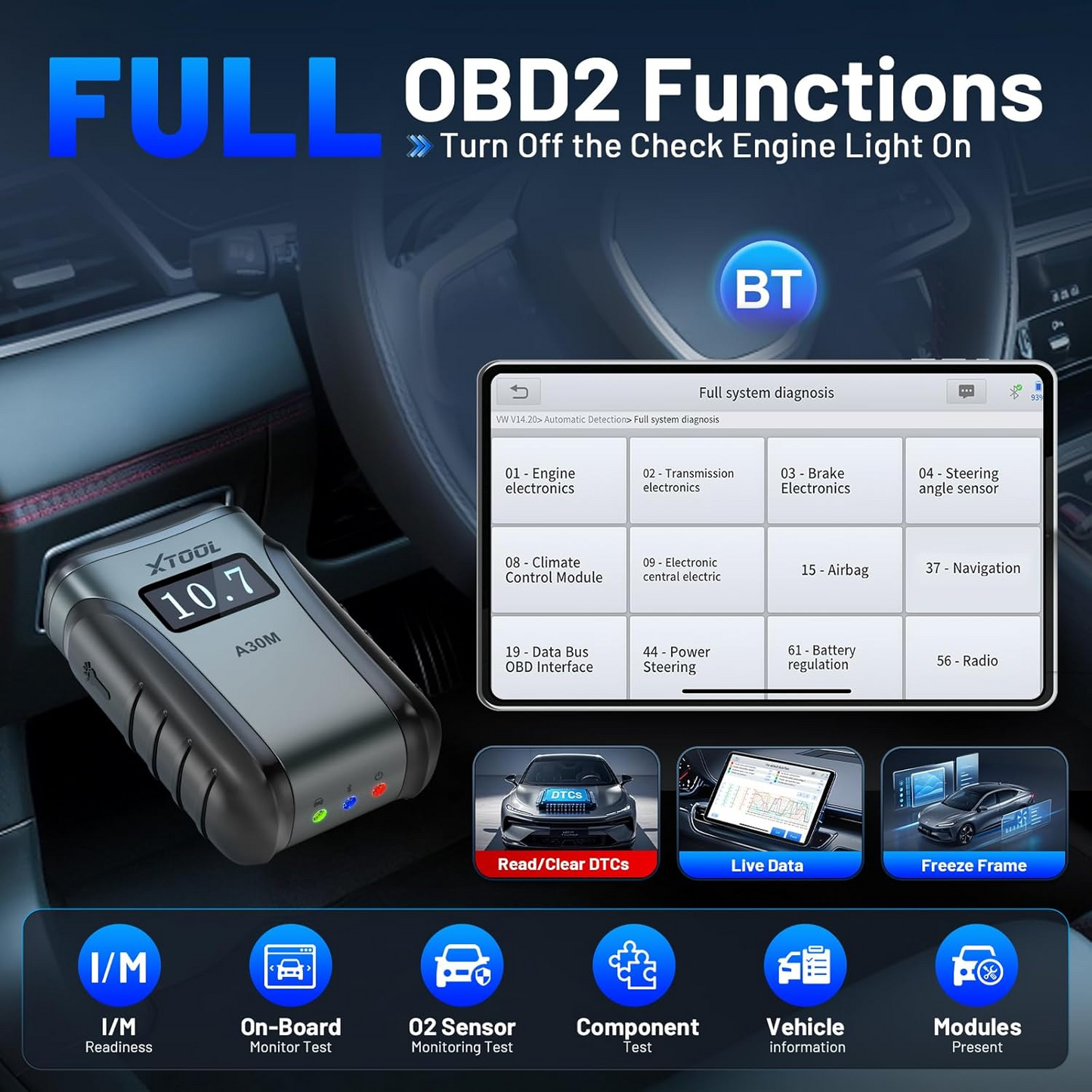 Wireless OBD2 Scanner for Android & iPhone, XTOOL Anyscan A30M V2.0 2025 Bidirectional Scan Tool with Free Updates, All System, 23 Resets, CANFD, FCA, Crank Sensor Relearn, Upgraded Ver. of A30